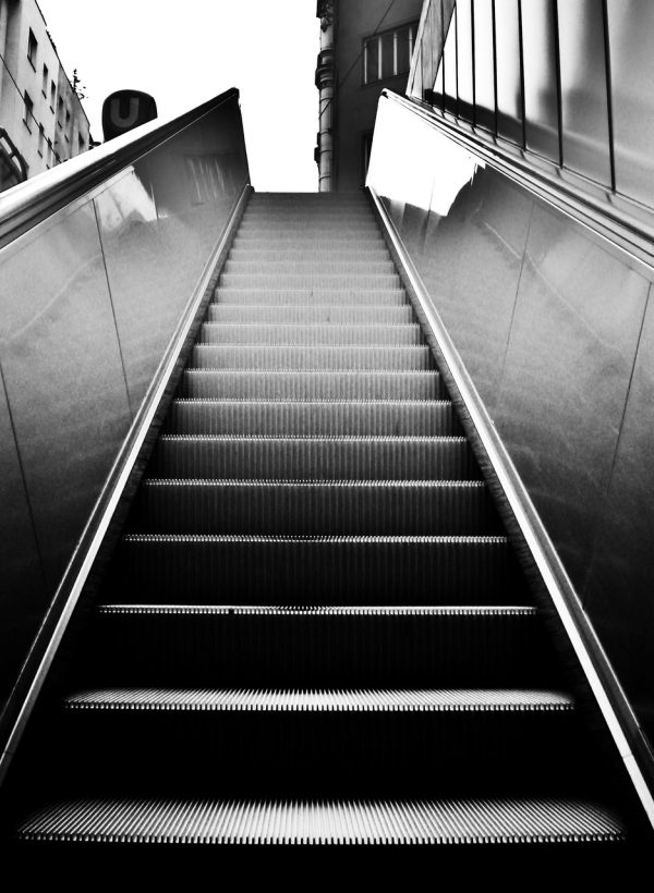 escalator, black-and-white, stairs